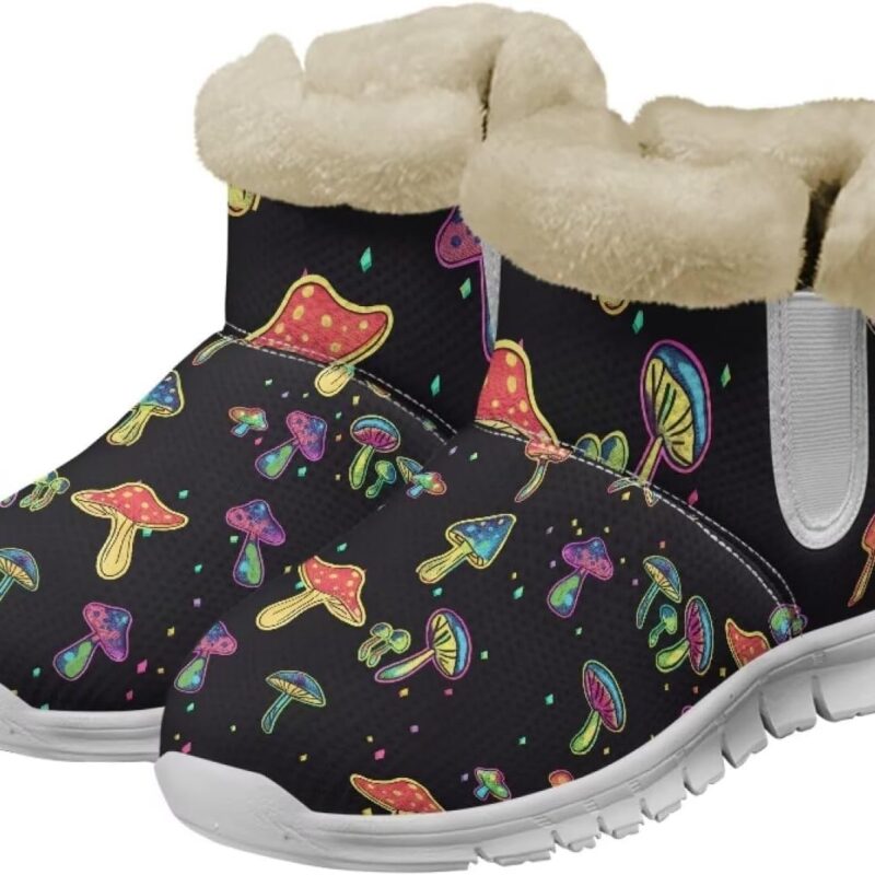 Howilath Mushroom Print Winter Boots for Women Anti Slip Shoes with Fur Lined Fuzzy Snow Boots