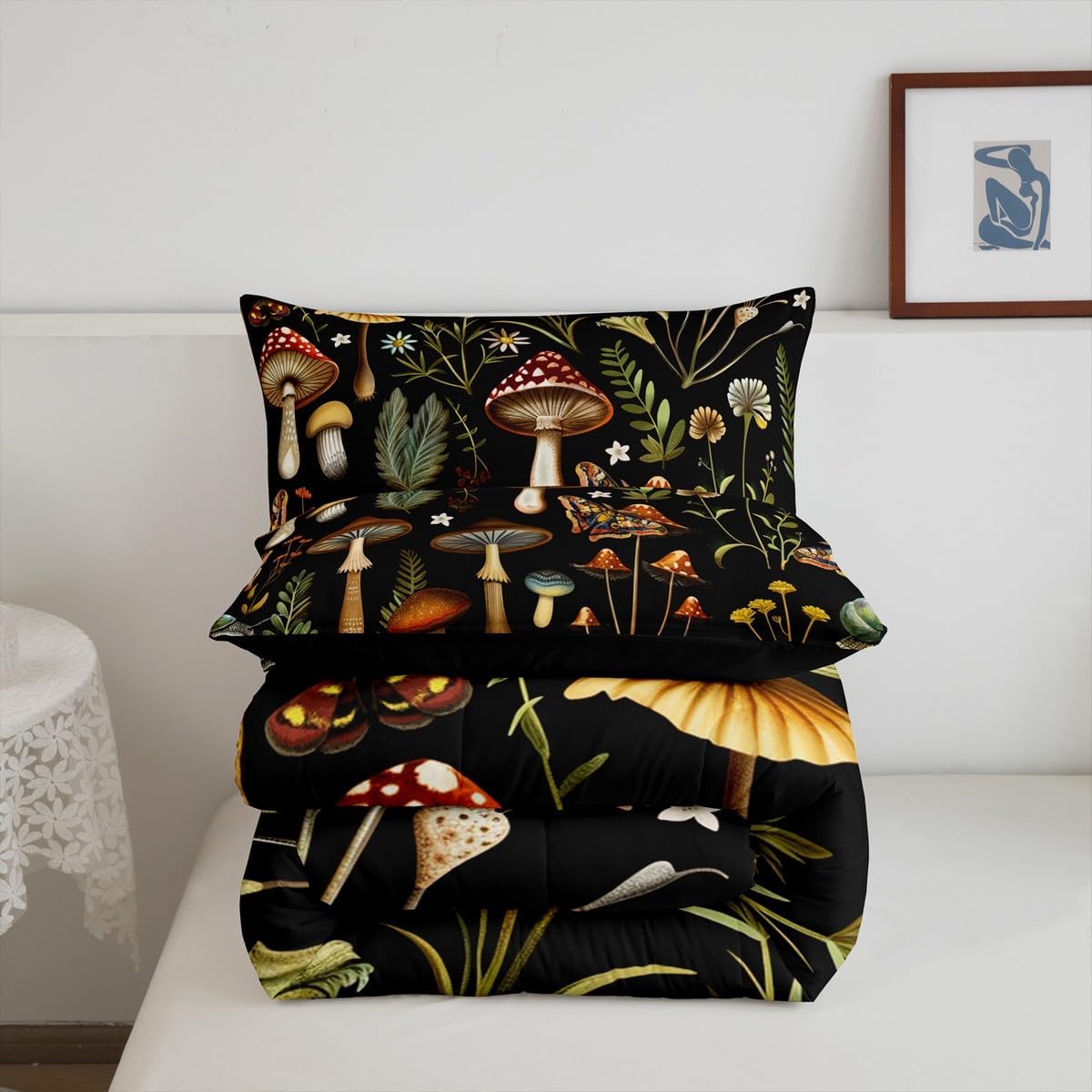 61bqQC5taoL._AC_SL1200_.jpg Feelyou Cartoon Mushrooms Comforter Full Size Cute Mushroom Comforter Set for Boys Girls Children Kawaii Fungus Reversible Bedding Set Room Decor Wild Mushroom Stuff Duvet Set 3Pcs - Image 6