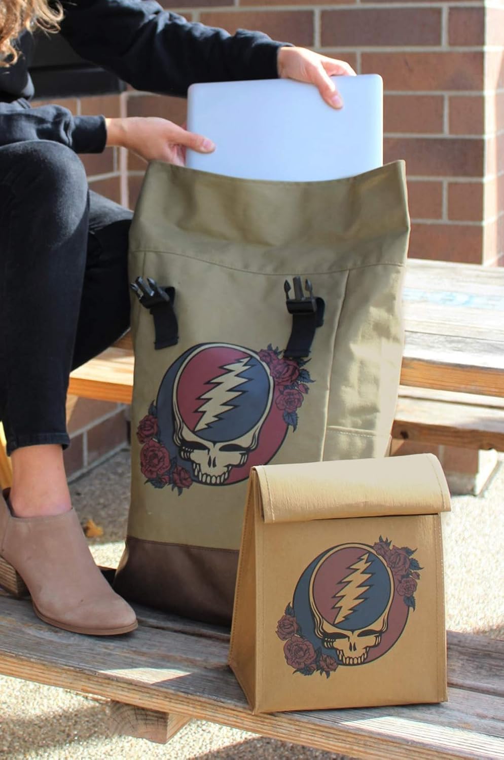61da7Ez-ggL._AC_SL1500_.jpg Ripple Junction Grateful Dead Canvas Roll Top Backpack Bag w/Vegan Leather Reinforced Bottom Dual Adjustable Shoulder Straps Steal Your Face Logo Officially Licensed - Image 6