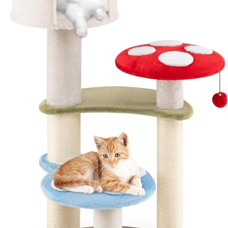 PETSITE Mushroom Cat Tree, Multi-Level Cute Cat Tree Tower with Sisal Scratching Posts, Cat Condo, Soft Plush Perches, and Dangling Toys for Indoor Cats (48 Inch)