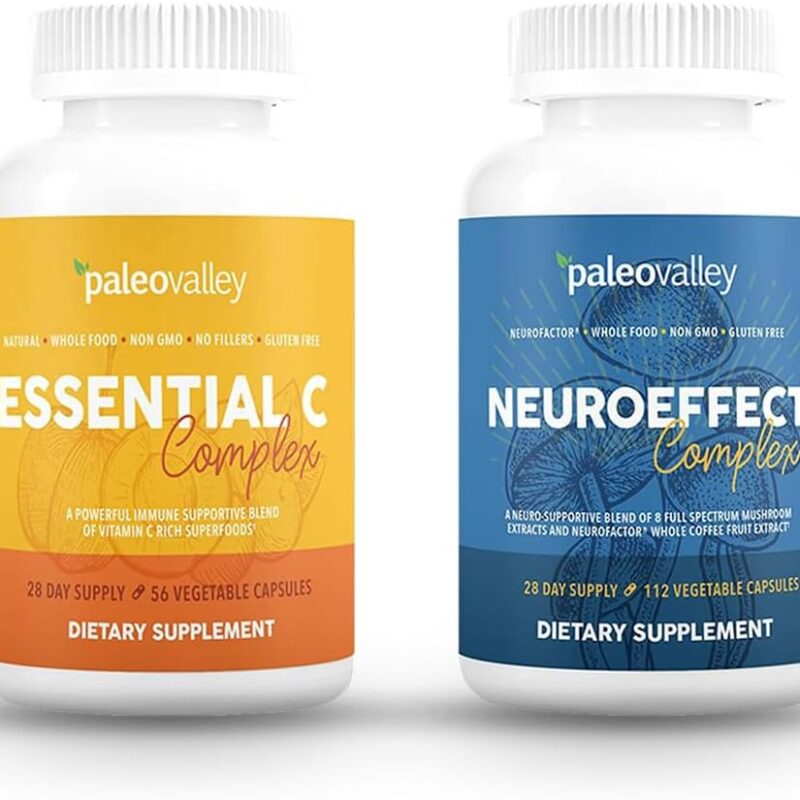 Paleovalley NeuroEffect + Essential C Complex Bundle - Neuro Mushroom Coffee Extract, Vitamin C Supplement 450g Focus, Memory, Energy, Immune Support, Organic Superfoods