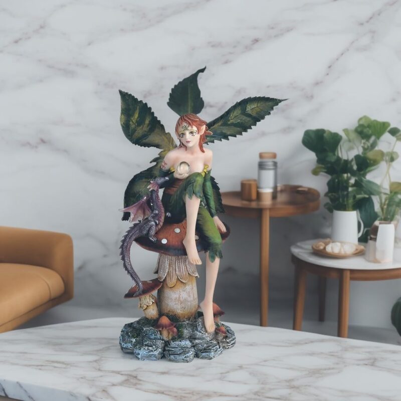 ICE ARMOR 9" H Green Fairy with Purple Baby Dragon Sitting on Mushroom Table Top Figurine Decor