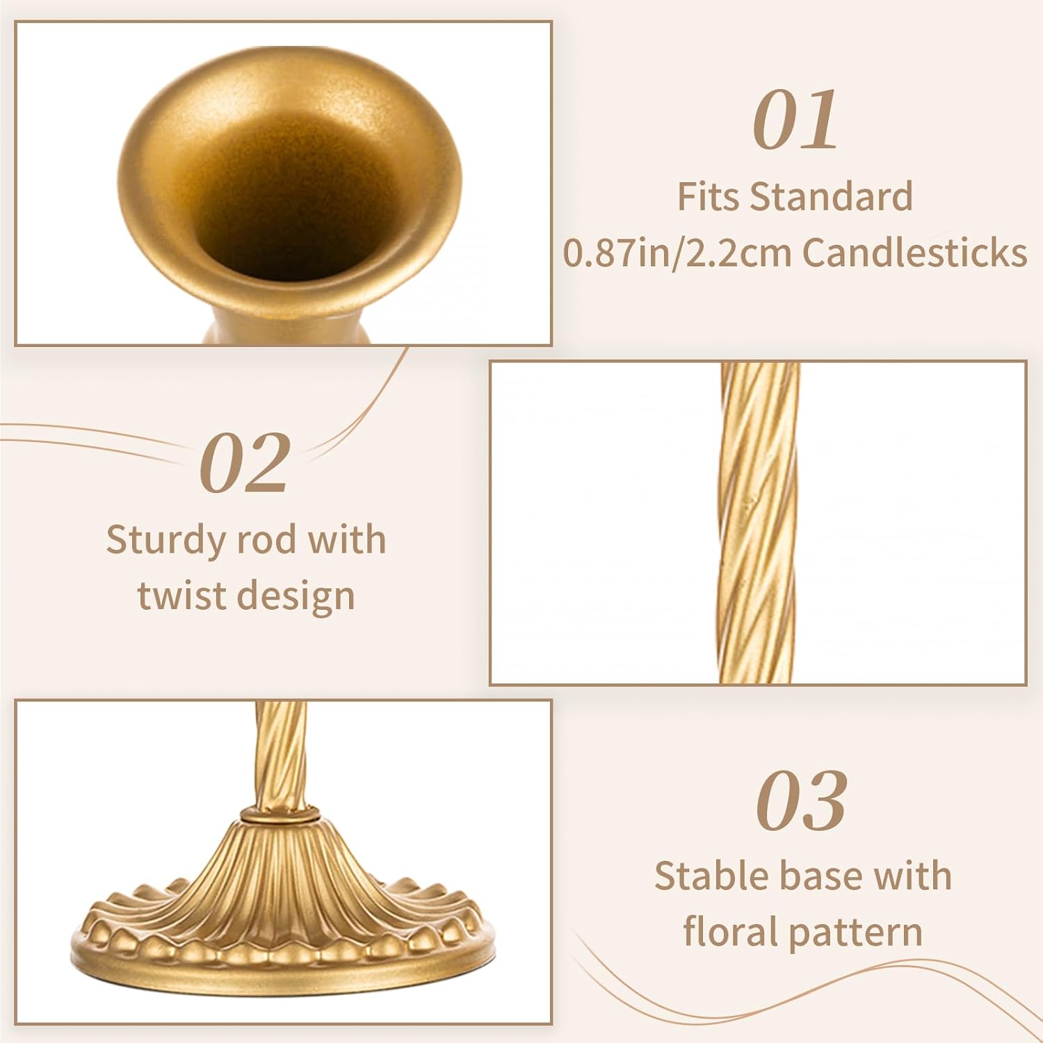 61inJAsJz1L._AC_SL1500_.jpg Sziqiqi 6pcs Gold Candlestick Holder for Wedding Centerpiece Small - Candle Holders for Taper Candles Table Centerpieces Alloy Candle Stick Holders Fireplace Mantle Decor - Image 6