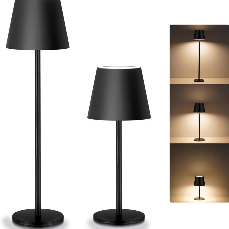 2-Pack Cordless Metal Table Lamp, 3 Adjustable Heights, 5400mAh Rechargeable Battery, 3 Colors Touch Dimming, Waterproof Portable Wireless Desk Lamp for Restaurant, Bedroom, Outdoor Patio
