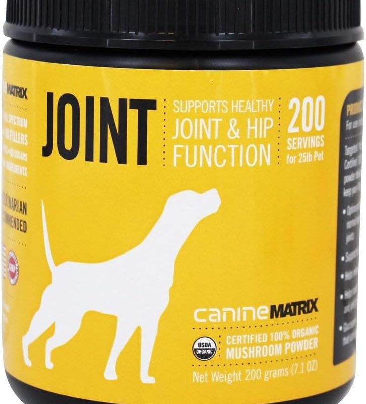 Mushroom Matrix Canine Organic Mushroom Powder Joint and Hip Function Supplement for Dogs & Cats, USA Grown, Joint Health and Hip Function, 200 Grams (Packaging May Vary)