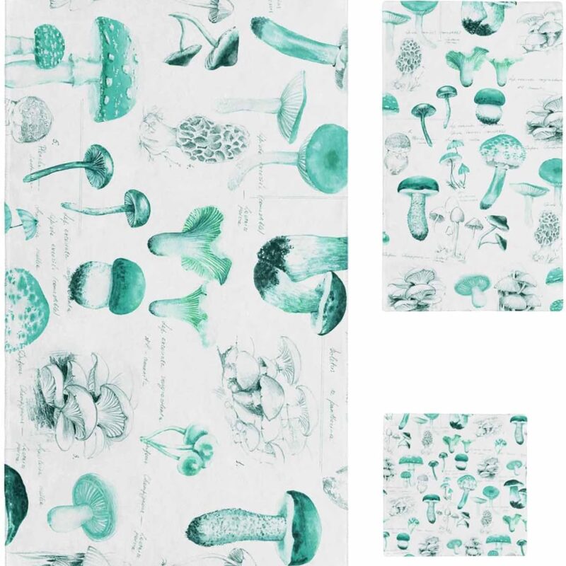 Vintage Teal Mushroom Bath Towels Set, Soft Absorbent Bathroom Towels, Fall Botanical Farmhouse Towels for Bathroom Kicthen 1 Bath Towels 1 Hand Towels 1 Washcloths