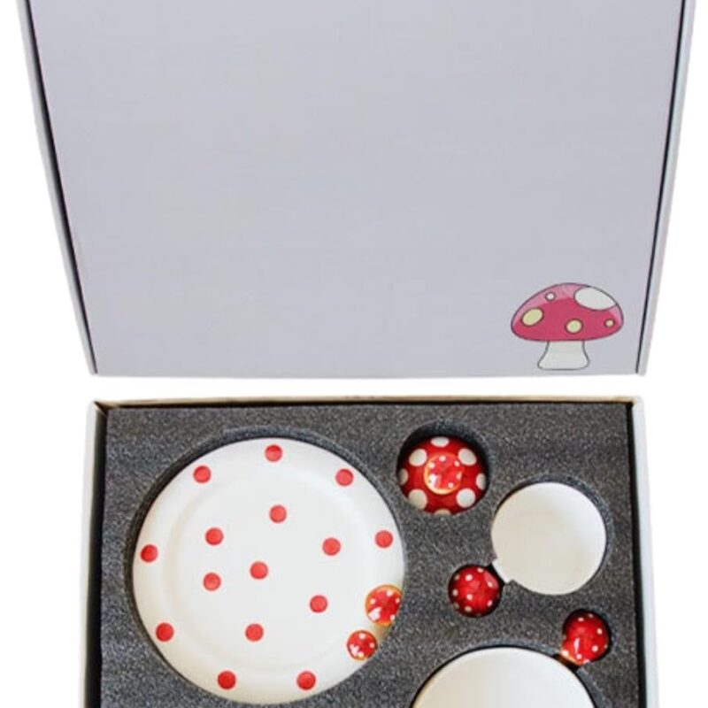 Japanese Ceramic Mushroom Tea Cup, Instant Noodle Bowl, Dessert Plate, Tea Set-Gift box set of four pieces