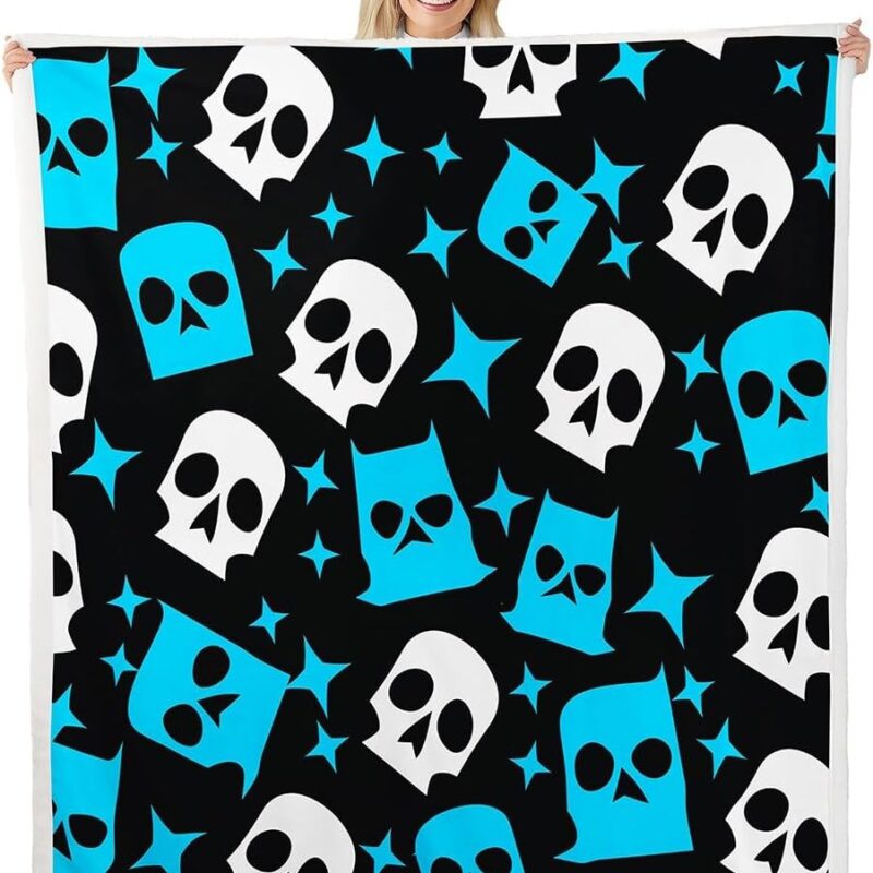 Halloween Skull Ghost Fleece Blankets,Cartoon Skeleton Gothic Trippy Throw Blanket for Sofa Adults,Exotic Blue Black Skulls Graffiti Starry Soft Blanket Bed Couch,Queen (90 x 90 Inches)