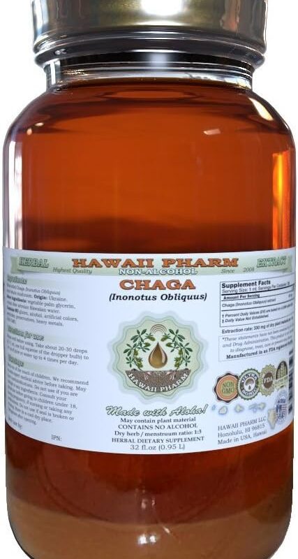 Chaga Alcohol-Free Liquid Extract, Chaga (Inonotus obliquus) Whole Mushroom Dried Glycerite Hawaii Pharm Natural Herbal Supplement 32 oz Unfiltered