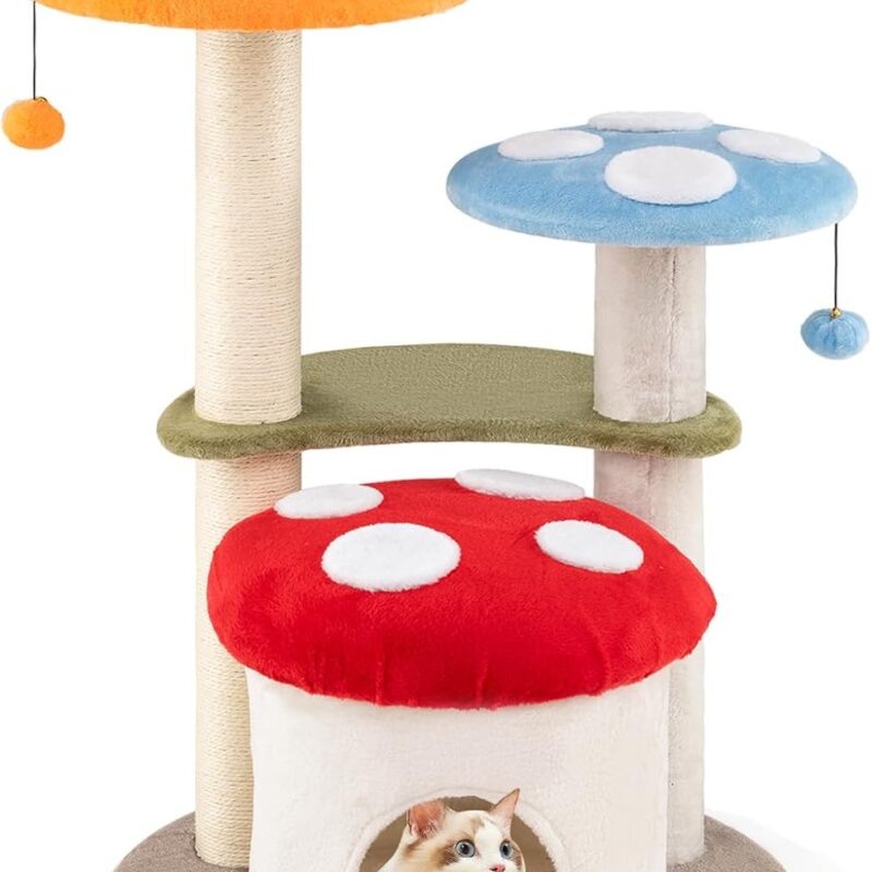 Tangkula Mushroom Cat Tree, 35 Inch Cute Cat Tower with Sisal Scratching Posts, Cat Condo, Padded Platforms, Dangling Balls, Multi-Level Modern Cat Furniture, Activity Center for Indoor Cats & Kittens