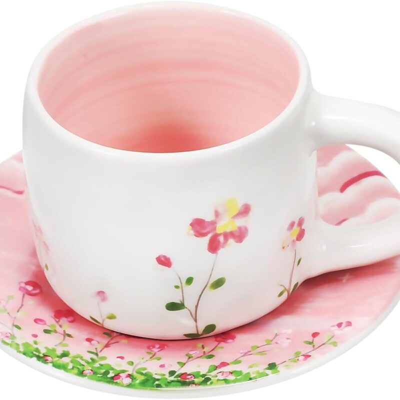 Ceramic Mug and Saucer Set, Porcelain Coffee Cups with Mushroom Design, Large Tea Cup, Ideal Gift for Birthdays, Mother's Day, Office and Household Use