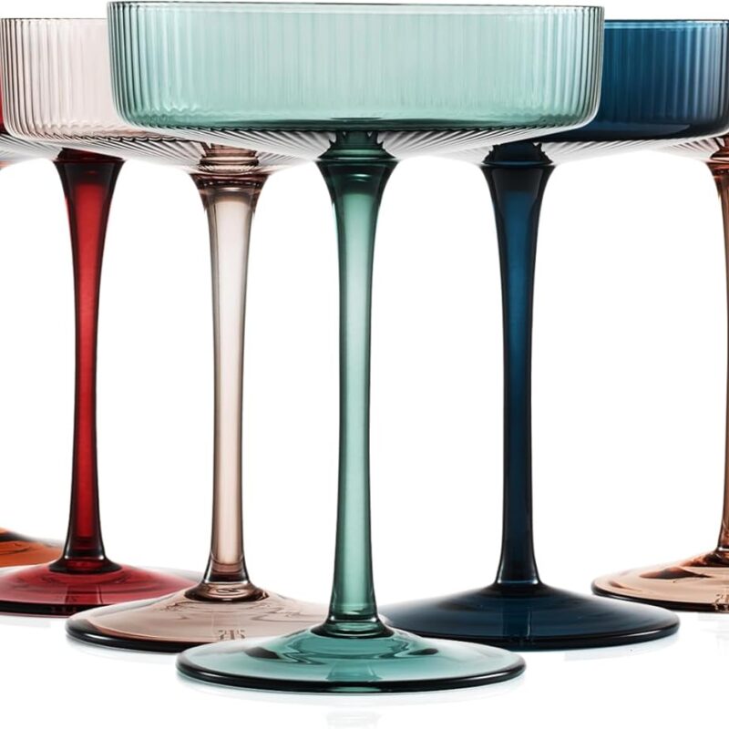 Colored Vintage Art Deco Coupe Glasses - Martini, Cocktail & Champagne Ribbed Glasses 7oz | Set of 6 | Cute Pastel Muted Crystal Cocktail Glassware, Goblet Cocktails, Stemmed Ripple Glassware Gift Box