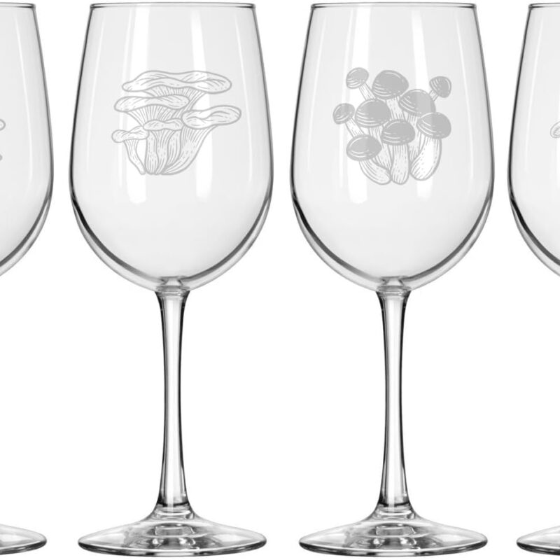 MIP Set of 4 Wine Glass for Red or White Wine Gift Mushroom Collection (16 oz Tall Stemmed)