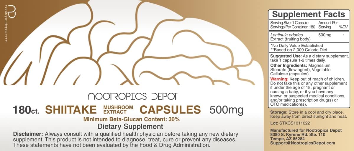 61sK-5I-Q6L._AC_SL1200_.jpg Shiitake Mushroom Capsules | 500mg | 180 Count | Whole Fruiting Body 1:1 Extract | Lentinula edodes - Image 2