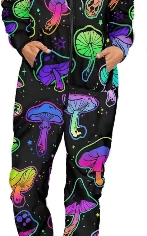 INSTANTARTS Womens One Piece Pajamas Colorful Mushroom Long Sleeve Rompers Onesies Zip Up Nightgown Homewear S-4XL