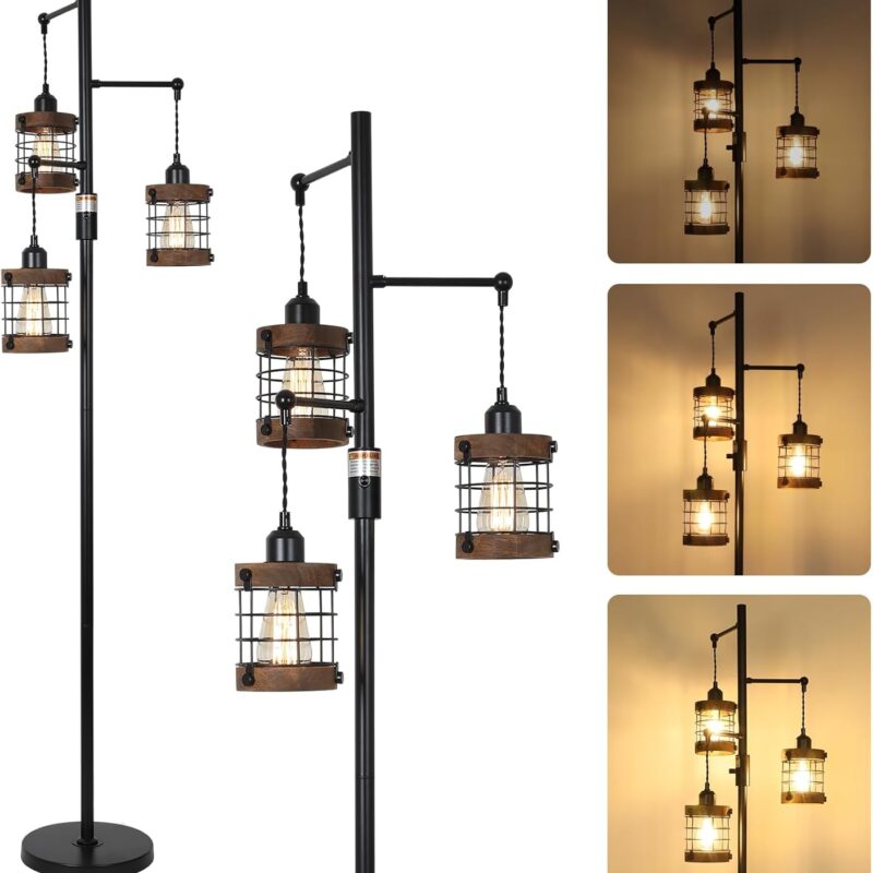 Airposta Dimmable Floor Lamps for Living Room, 3-Light Industrial Floor Lamp with Wood & Metal Cage, Farmhouse Standing Lamp Tall Tree Lamp for Bedroom Office, Rustic Black Tall Floor Lamp for Corner