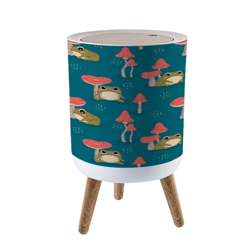 Small Trash Can with Lid Cute Funny Green Frog Mushrooms Seamless Pattern Hand Drawn Cartoon Garbage Bin Pet Proof Waste Basket for Kitchen Bathroom Office Bedroom Decorative 1.8 Gallon