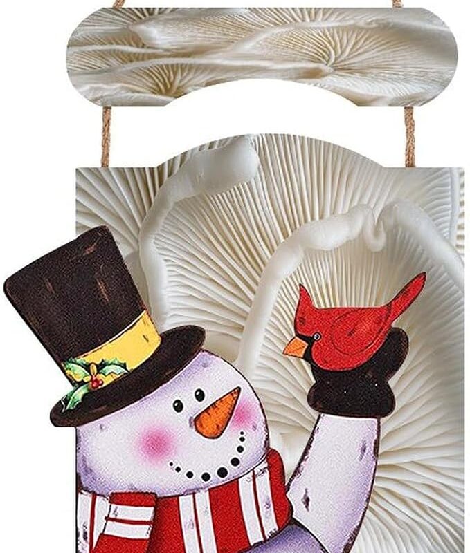Christmas Snowman Hanging Painting,Wooden Hanging Painting, with White Oyster Mushrooms Printed Wall Hanging Decoration,for Christmas Winter Party Home Front Door Decoration