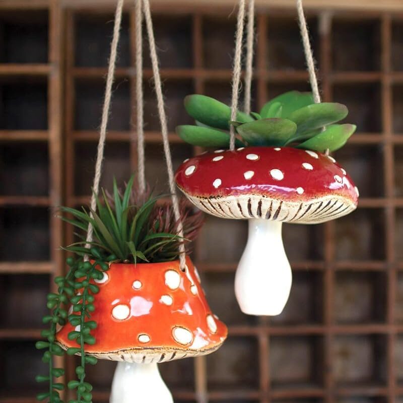 KALALOU CDV2147 Set of Two Ceramic Toadstool Hanging PLANTERS