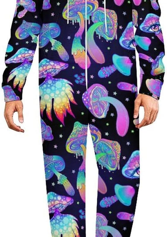 Magic Psychedelic Mushroom Pajamas Suit for Mens & Womens Hooded One-Piece Plush Pajamas Home Jumpsuit with Zip