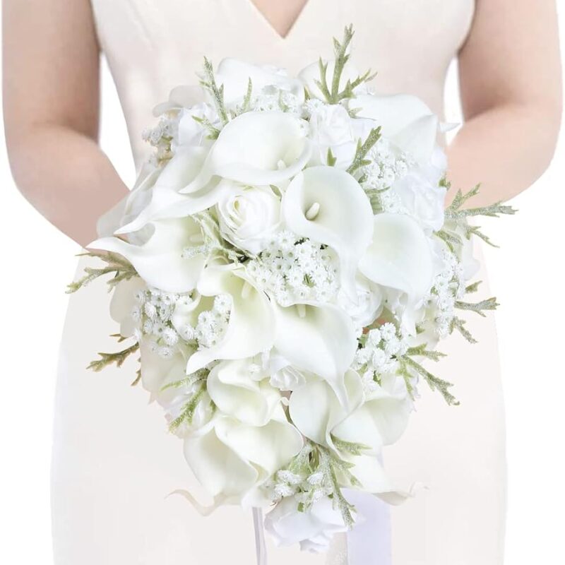 INSUNSIX Bride Bouquets for Wedding,11 Inch White Calla Lily Cascading Bridal Bouquet Silk Flowers for Ceremony Anniversary Wedding Bridal Shower(Natural Whites)