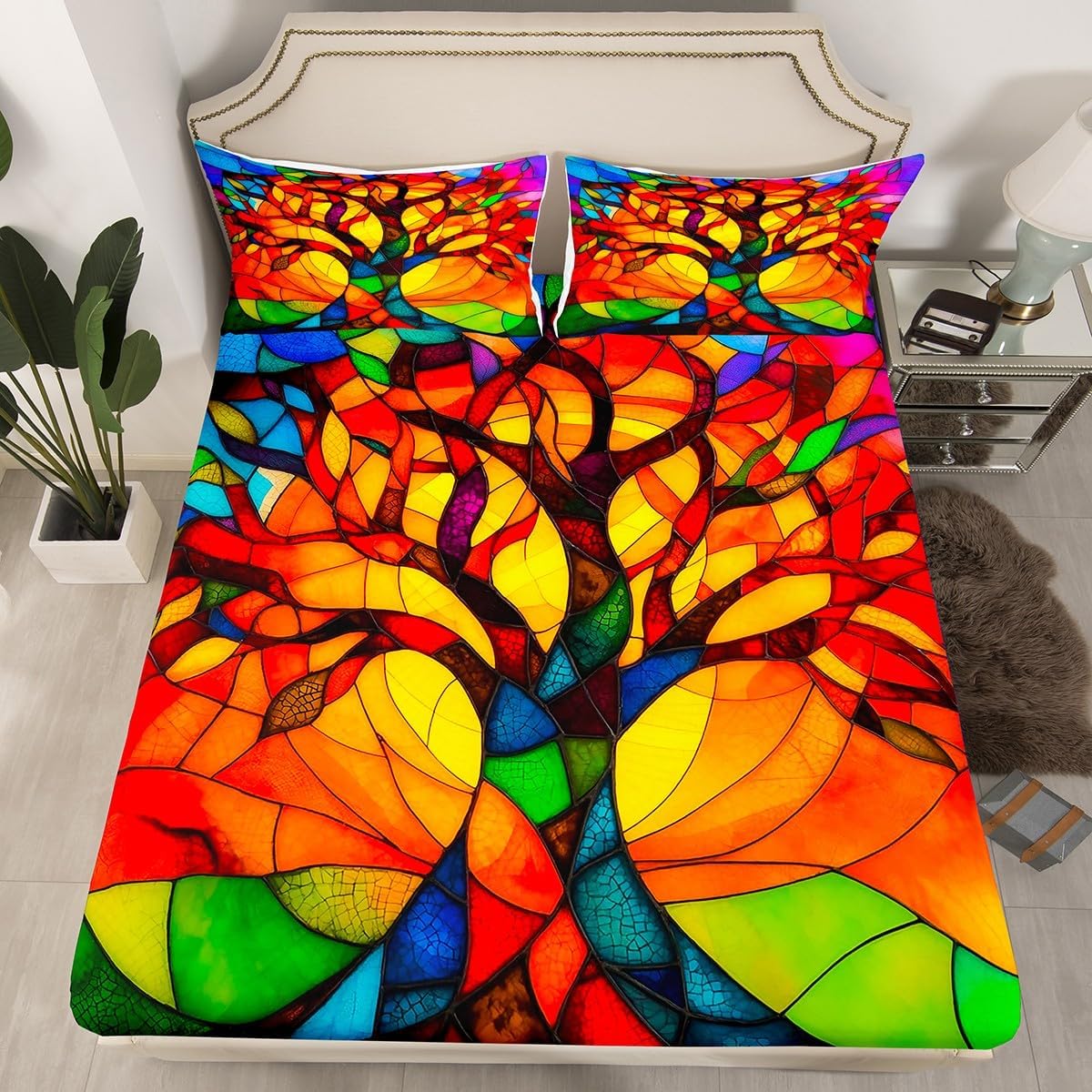 71AidXckSL._AC_SL1200_.jpg Erosebridal Colorful Tree of Life Sheet Set King Stained Glass Artwork Tree of Life Bed Sheets Chic Exotic Tree Leaves Bedding Sheets for Kids Adults,Aesthetics Bed Sheet Set 4 Piece - Image 2