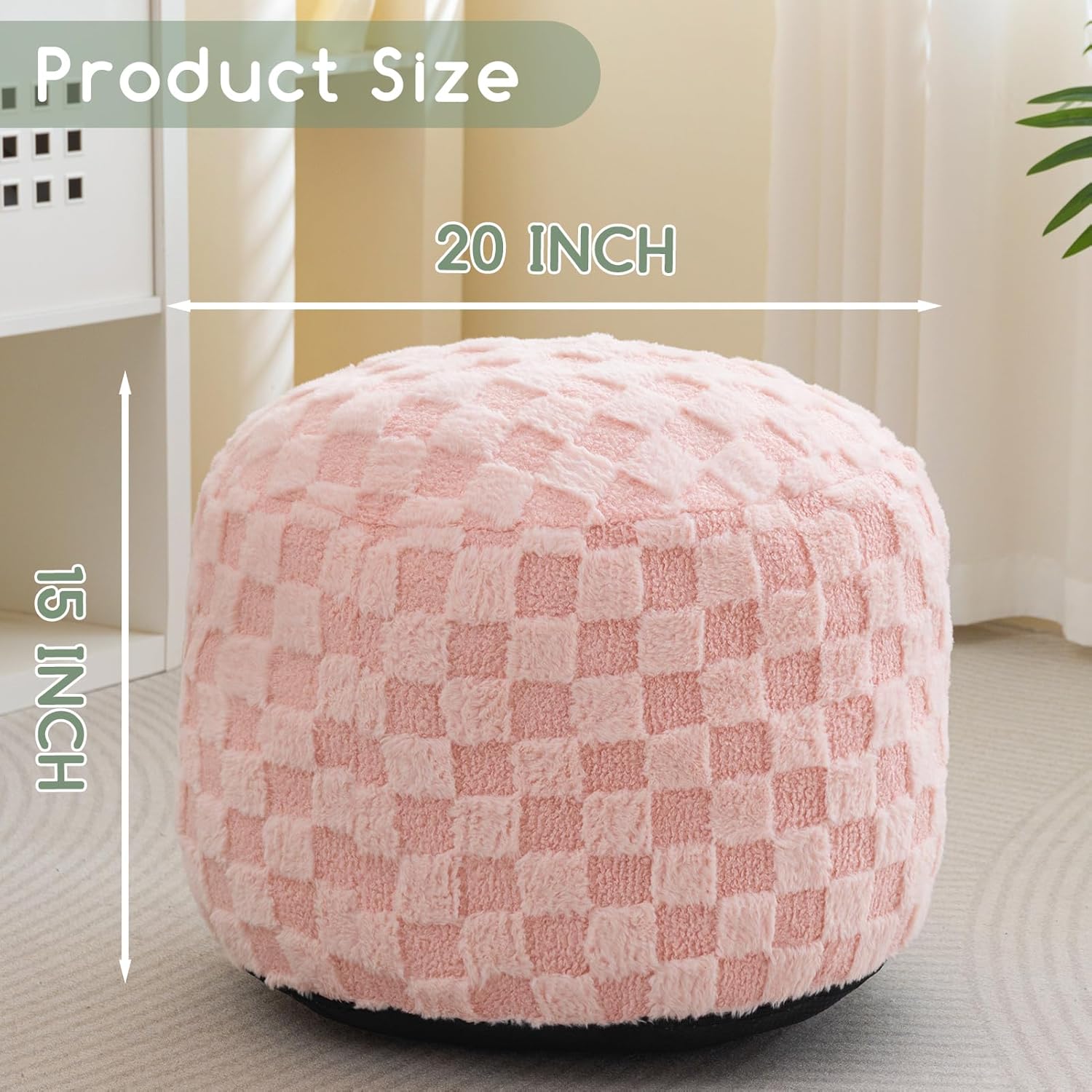 71fONZcZAL._AC_SL1500_.jpg HIGOGOGO Round Stuffed Pouf Ottoman, Plaid Poufs with Foam Chunk Filling, Fluffy and Furry Pouf Foot Stool Storage Ottoman, 20 X 15 Floor Poufs Foot Rest for Living Room, Pink - Image 2