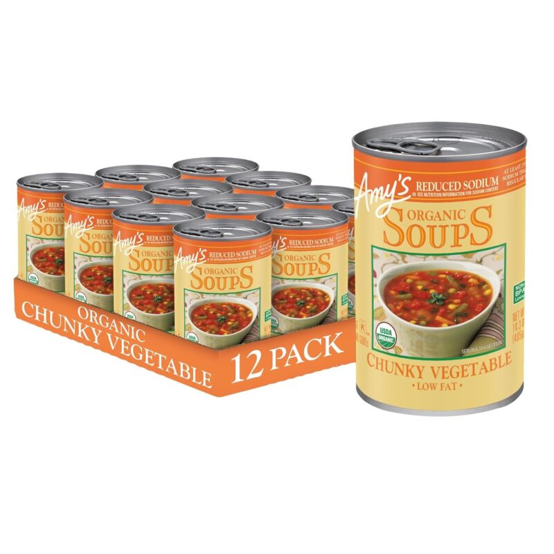 Amy’s Soup, Vegan Reduced Sodium Chunky Vegetable Soup, Gluten Free, Made With Organic Vegetables, Canned Soup, 14.3 Oz (12 Pack)