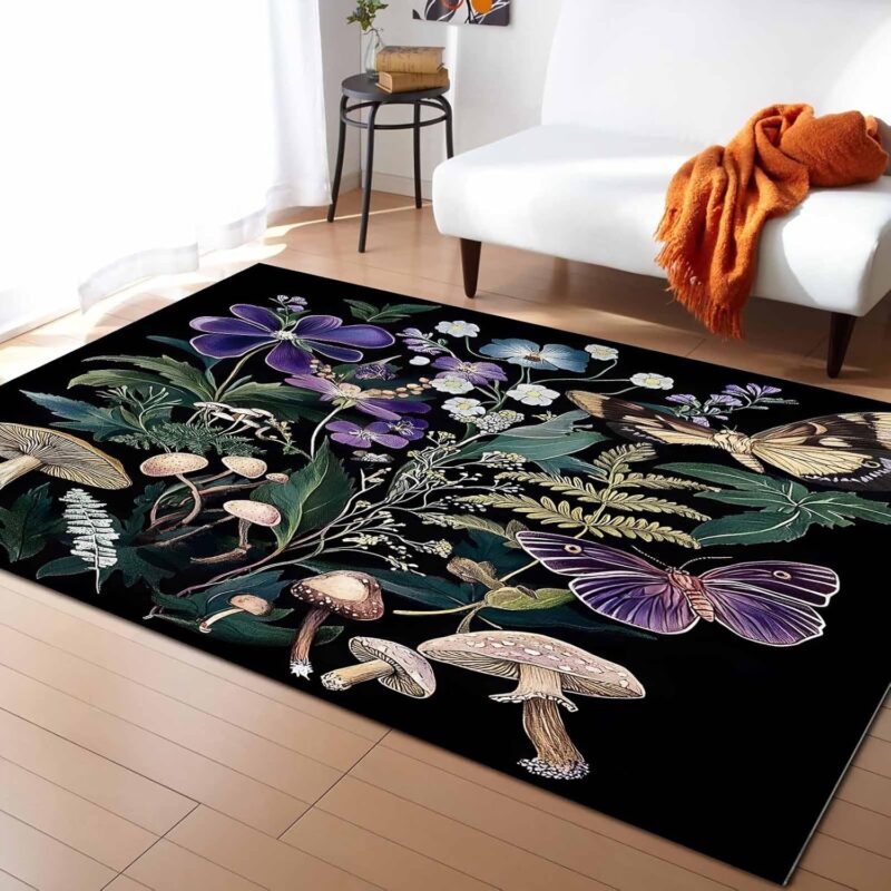 Blooming Botanical Area Rug 2.7 x 5, Spring Floral Wildflower Mushroom Washable Bedroom Rug Non-Slip Kitchen Rugs Non Shedding Floor Cover Mat for Living Room Dining Room Nursery Outdoor Carpet