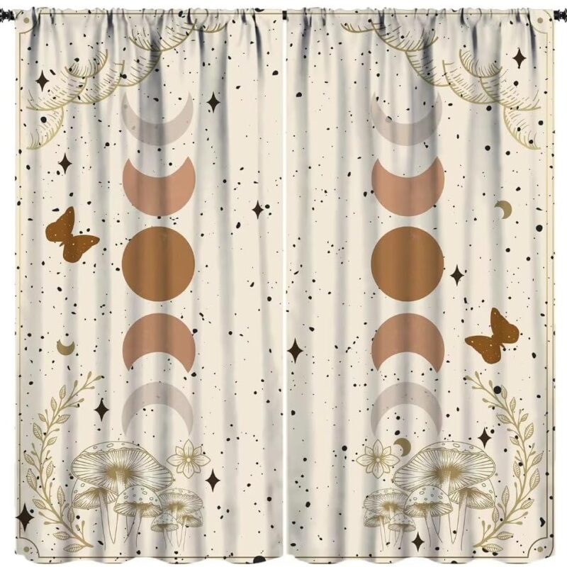 Boho Moon Curtains, Vintage Style Mysticism Moon Phase Nature Floral Plant Mushroom Butterfly Stars Print Blackout Window Curtains for Boys Girls Bedroom, Beige Background 72x63in