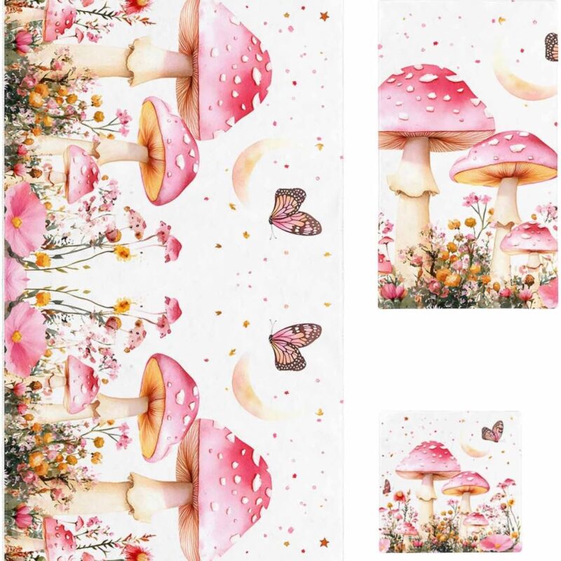 Mushroom Towel Sets for Bathroom,Pastel Pink Floral Wildflower Butterfly White Microfiber Bath Kitchen Beach Hair Hand Yoga Dish Towels and Washcloths,Quick Dry Decorative Towels+Set Accessories Decor
