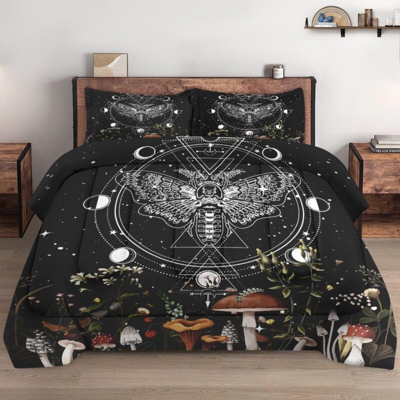 King Size Comforter Set with 2 Pillowcases, Moth Dead Moon 3 Pcs Bedding for Kids and Adults, Vintage Mushroom Wildflower Soft Comforter Set for Bedroom Bed Decor