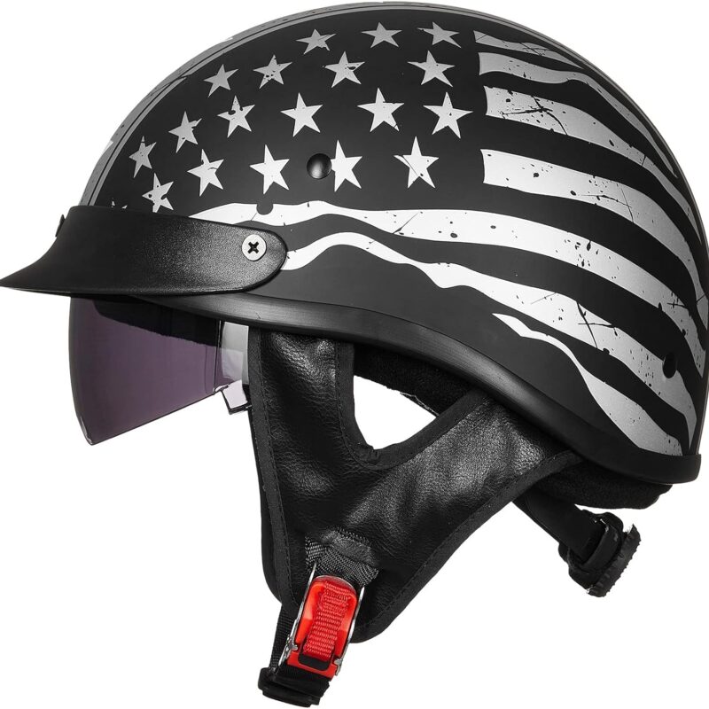 ILM Half Helmet Motorcycle Open Face Sun Visor Quick Release Buckle DOT Approved Cycling Motocross Suits Men Women 205V (L, Patriotic Flag)
