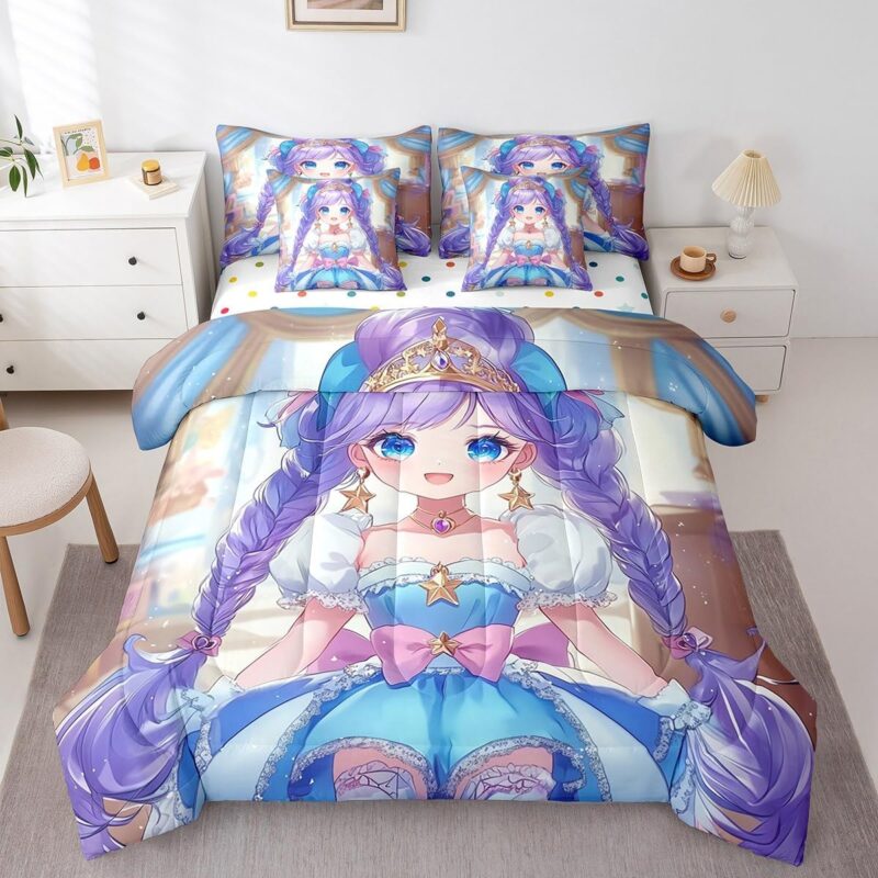Erosebridal Blue Purple Girl Bedding Set Cute Kawaii Princess Bed in A Bag Anime Girl Twin Comforter Set 7 Piece Cartoon Print Sheet Set with Comforter for Kids Bedroom Decor