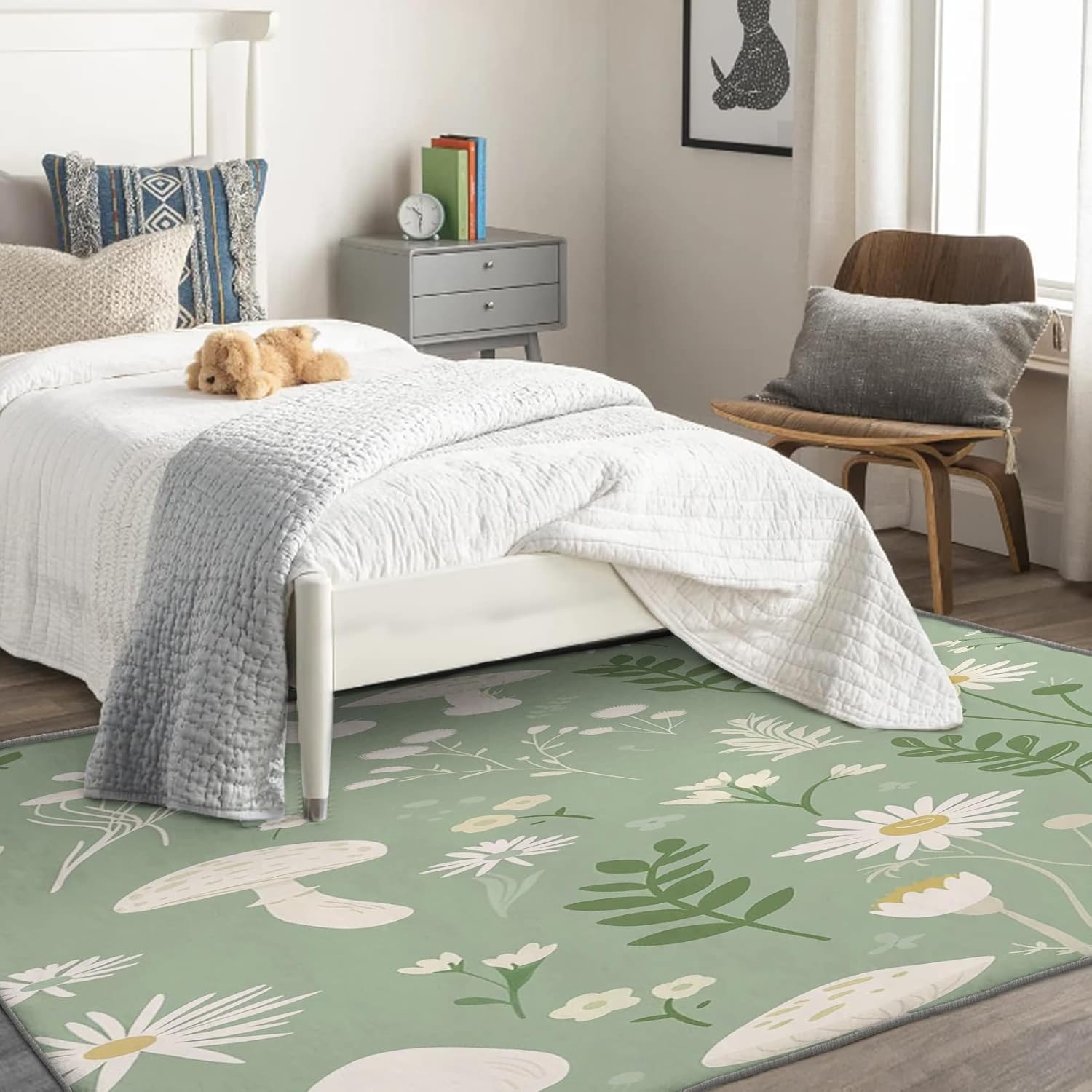 7100ixXP3qL._AC_SL1500_.jpg Mushroom Flower Rug & Home Decor, Washable Rug 4x6 for Entryway Bedroom Living Room, Botanical Sage Green Area Rugs, Non-Slip Soft Low Pile Carpet, Indoor Floor Rug for Room Decor (Gz-&97) - Image 3
