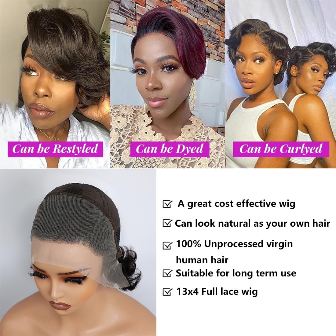 7100orgRCkL._SL1100_.jpg MSGEM 13x4 Full Lace Front Wig Bob Wig Human Hair Short Pixie Cut Loose Wave HD Lace Front Wigs for Women Pre Plucked With Baby Hair Natural Color 6 inch - Image 4