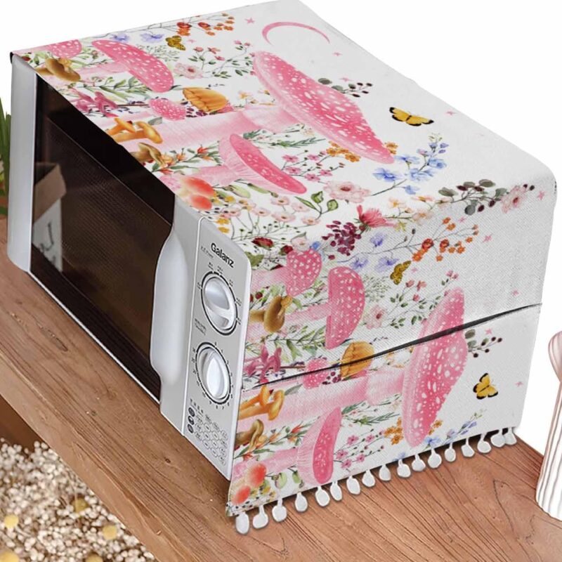 Pink Mushroom Microwave Dustproof Cover Washer Dust Cover Machine Protector, Pastoral Spring Floral Summer Botanical Decorative Kitchen Appliance Cover with 2 Pockets 28''x67''