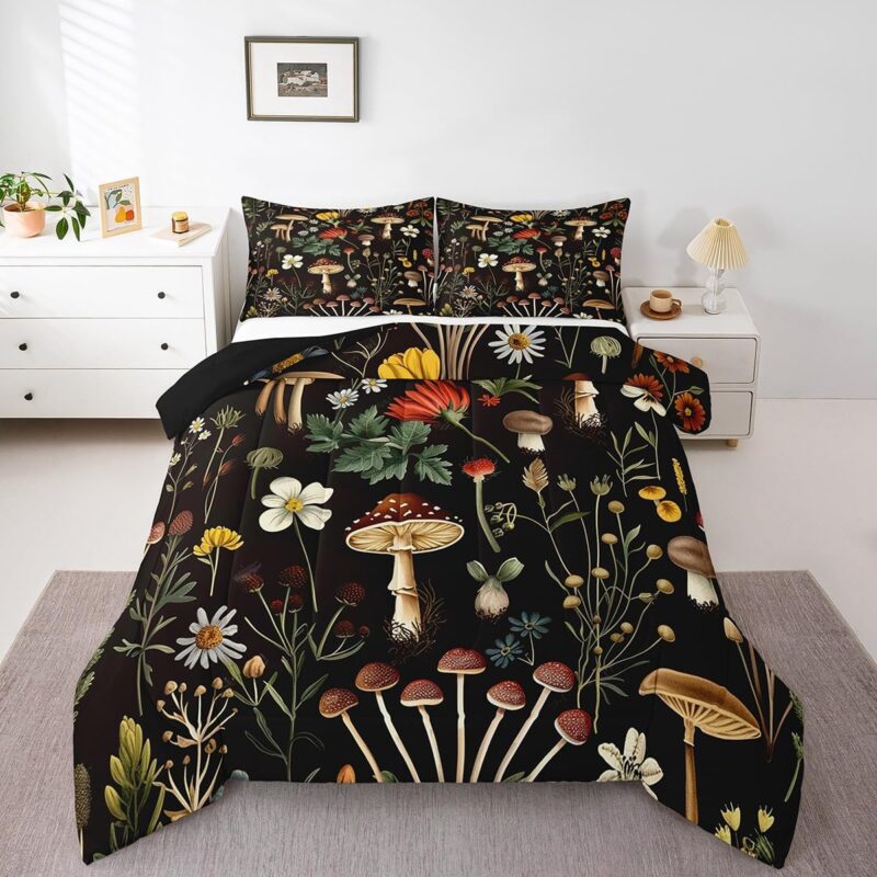 Feelyou Cute Mushroom Comforter Set Queen Size Kids Kawaii Fungus Comforter for Boys Teens Wild Mushroom Stuff Bedding Set Breathable Flower Duvet Set Room Decor Quilt Set