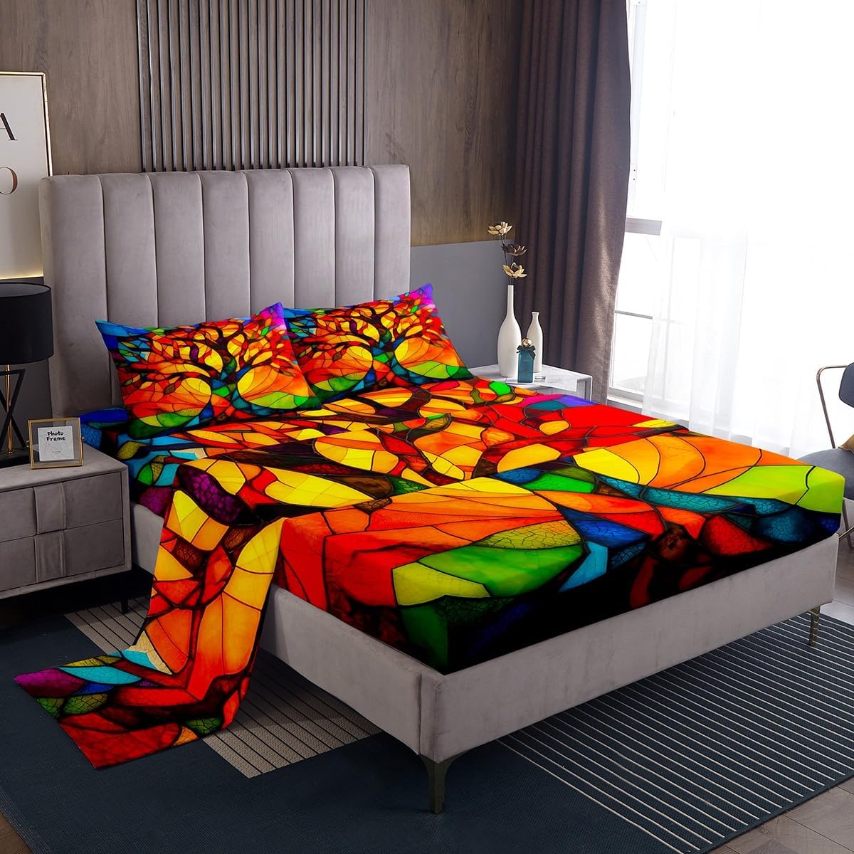 711hHjOt0L._AC_SL1200_.jpg Erosebridal Colorful Tree of Life Sheet Set King Stained Glass Artwork Tree of Life Bed Sheets Chic Exotic Tree Leaves Bedding Sheets for Kids Adults,Aesthetics Bed Sheet Set 4 Piece