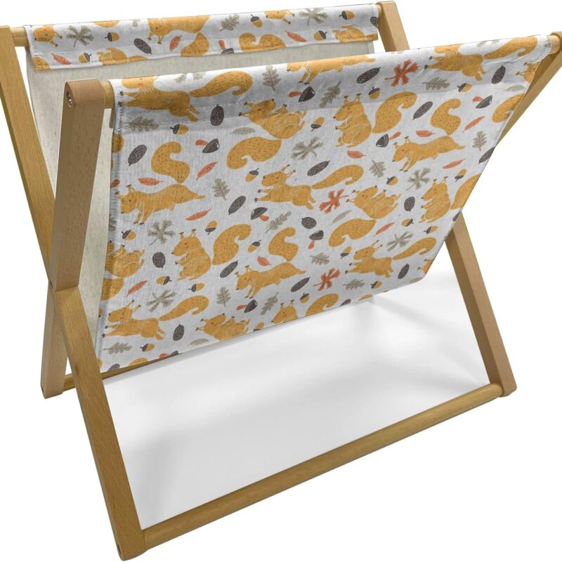Ambesonne Autumn Magazine and Book Holder, Squirrel Pattern with Mushroom and Acorns Fall Season Maple Leaves, Floor Rack Decor for Interior of Home & Office, 22" x 19", Orange Pale Orange Taupe