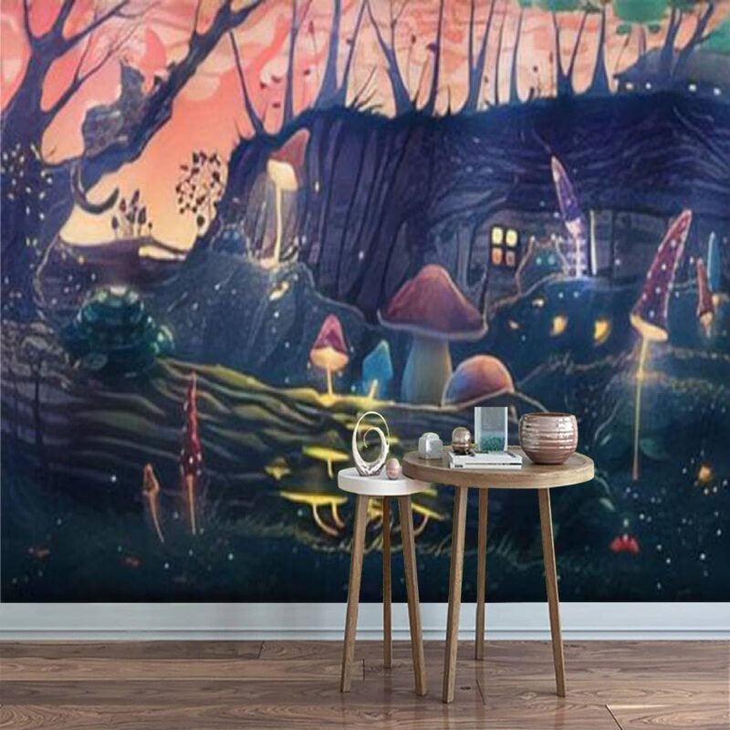 3D Modern Canvas Wallpaper Mural Mushroom garden wild animals summer magic forest landscape cats Peel and Stick Removable Self Adhesive Wall Stickers for Living Room Kids Bedroom Home Decor