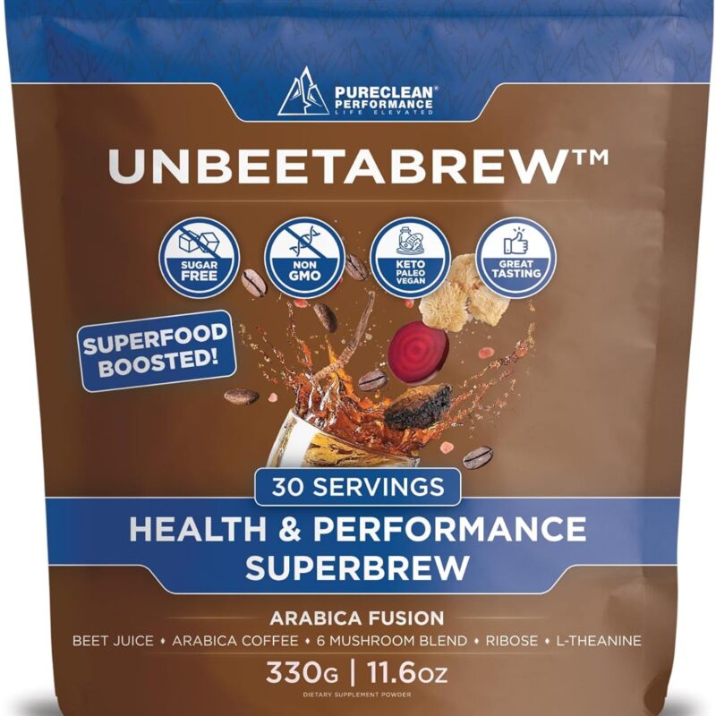 UNBEETABREW Mushroom Coffee – Energizing Plant-Based Pre-Workout with Beet Juice, Adaptogens, L-Theanine & D-Ribose – Boost Focus, Strength & Stamina – Organic Instant Arabica Beans - 30 Servings