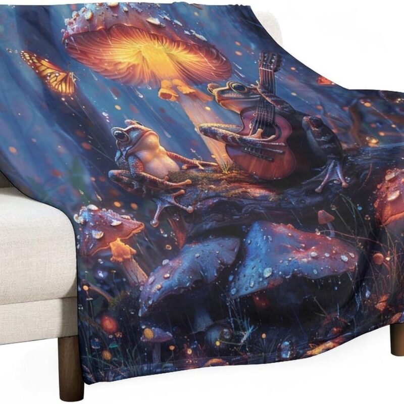 Guitar Frog Fantasy Blanket, Soft Fuzzy Flannel Rainforest Mushroom Butterfly Throw Blanket for Sofa Couch Bed, Picnic, 60x80 Inch
