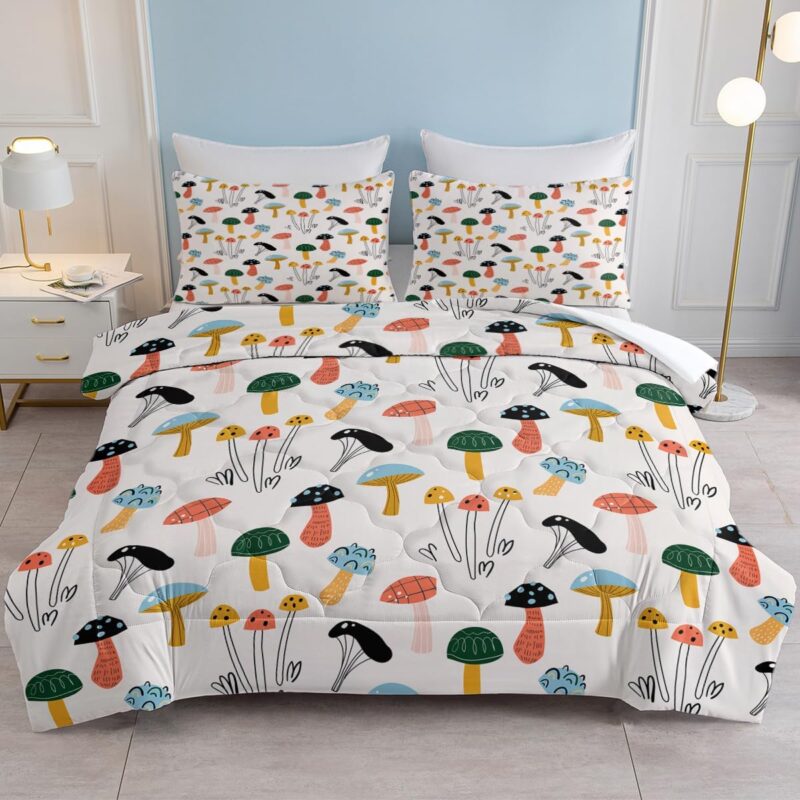 SOULZZZ 3 Piece Colorful Mushroom Queen Comforter Set, Cute Mushroom Pattern Quilt Set, Aesthetic Cottagecore Cartoon Mushroom Bedding Set 1 Comforter and 2 Pillowcases for All Seasons