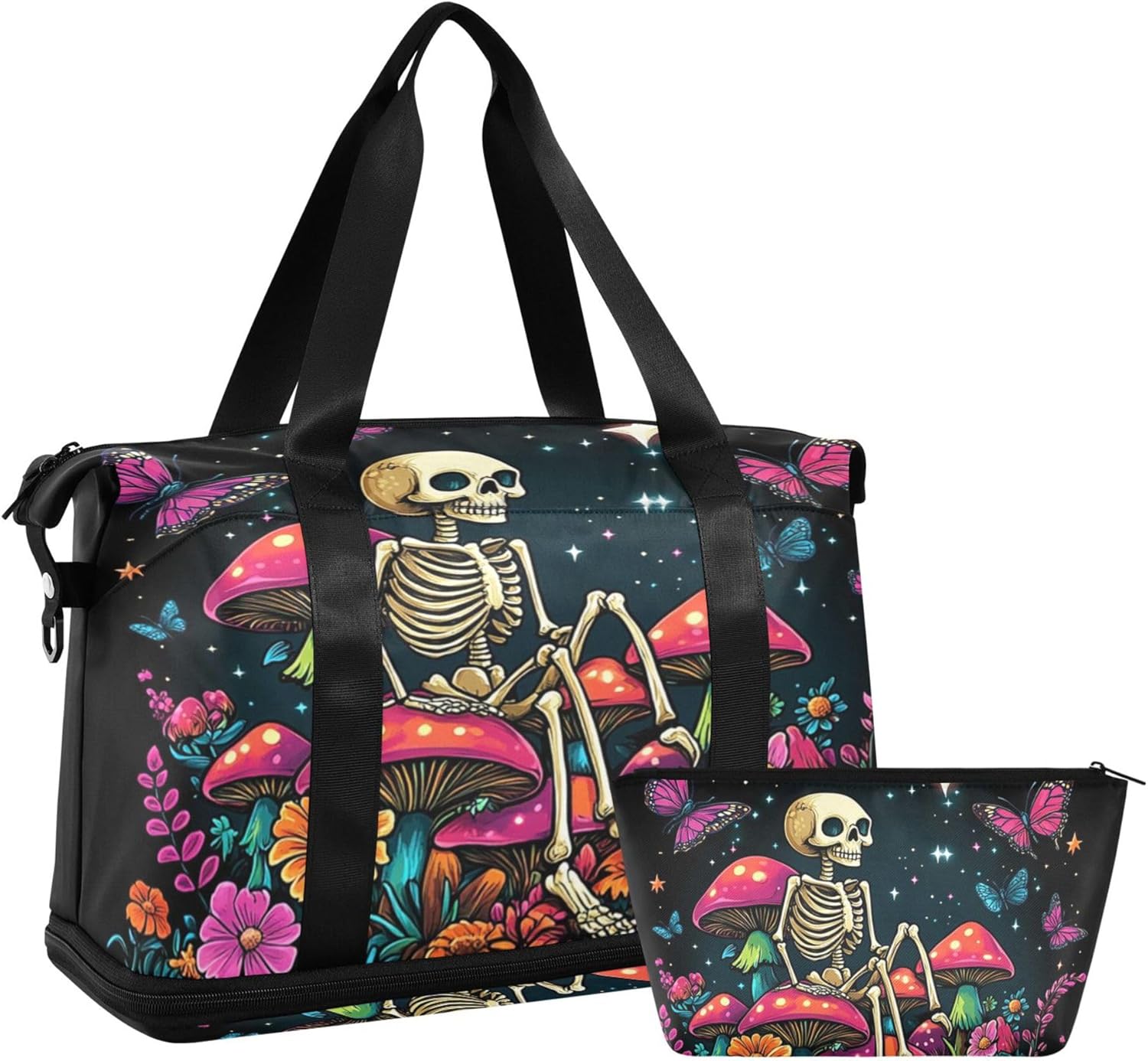 7138JZFnRfL._AC_SL1500_.jpg Travel Duffel Tote Bag Skeleton Sitting on Mushrooms with Butterflies Sports Duffel Bag with Wet Pocket Weekender Overnight Bag for Women Men Gym Bag, Carry On Bag Hospital Bag for Labor and Delivery - Image 7