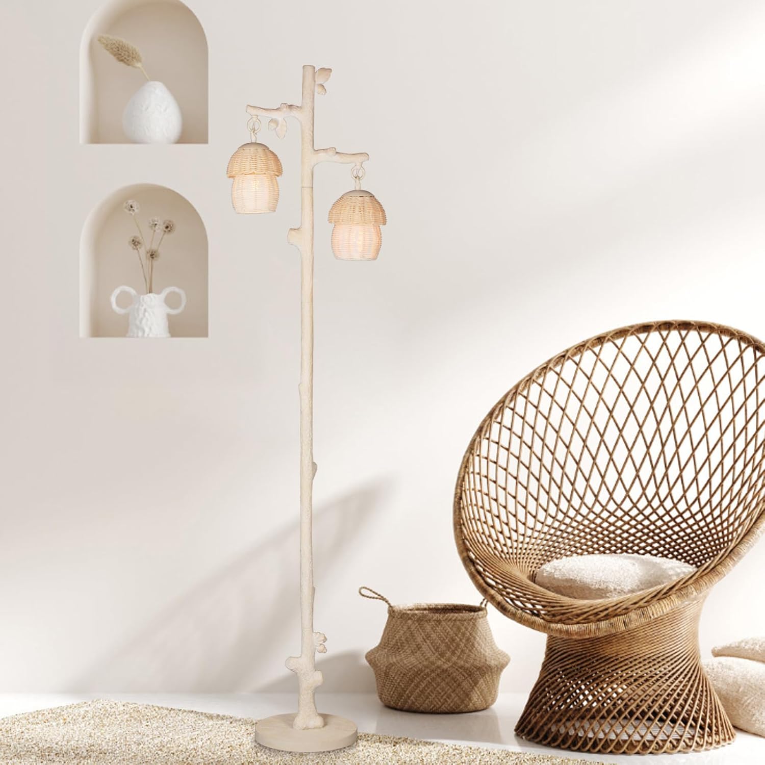 7139JGNENdL._AC_SL1500_.jpg Rattan Floor Lamp with Faux Wood Finish, Boho Floor Lamps with Faux Pinecone and Leaves Decor, Beige - Image 6
