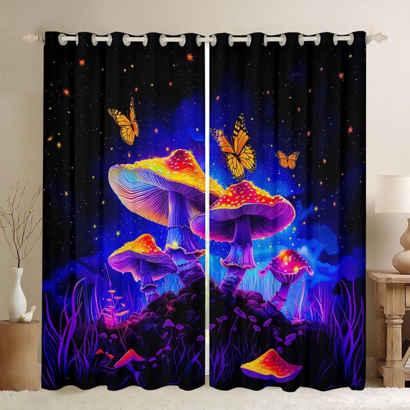 Feelyou Colorful Mushroom Darkening Drapes (2 Panels, 52 x 90 Inch) Butterfly Curtains for Bedroom Living Room Nature 30%-50% Room Darkening Blackout Curtain Mushroom Window Treatments Mushroom