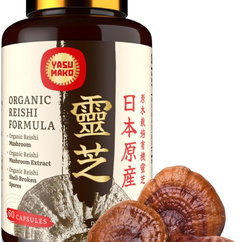 Japanese Reishi Mushroom Supplement 800mg with Reishi Mushroom Extract 500mg & Shell-Broken Spores 200mg,Organic Mushroom Capsules for Immune System - Real Fruiting Body (Pack of 1)