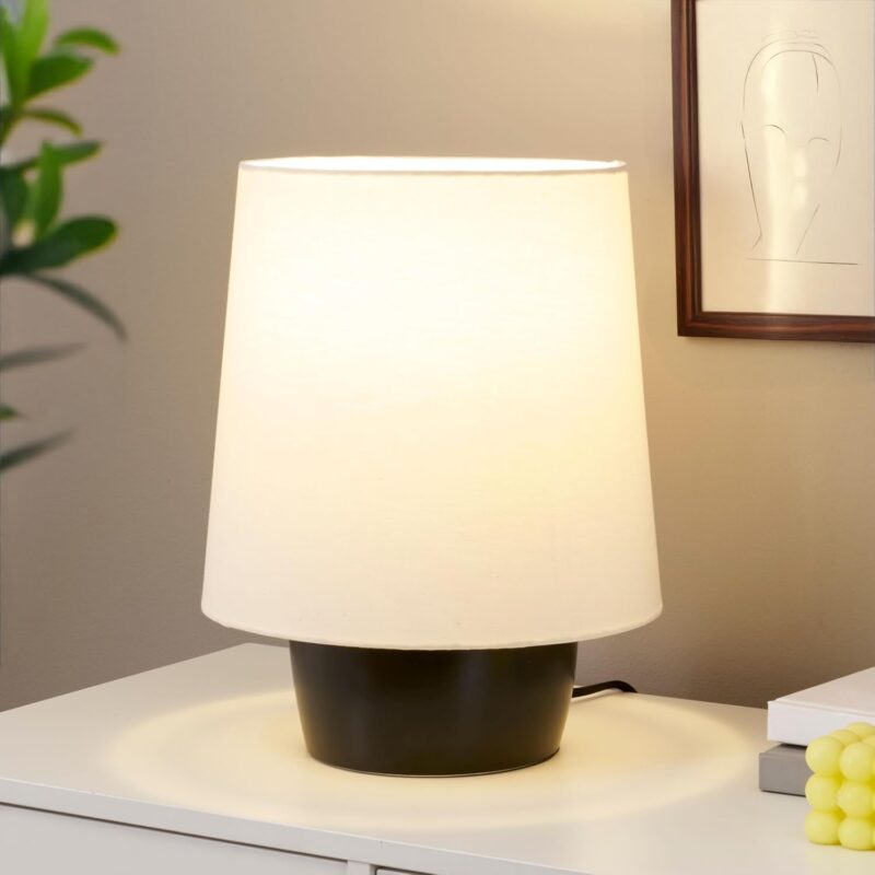 Brightech Dan LED Desk and Table Lamp - Modern Mushroom Style Ceramic Lamp for Bedroom, Bedside, Desk, Office - Cozy Corner Nightstand Light with Small Lamp Shade - Black