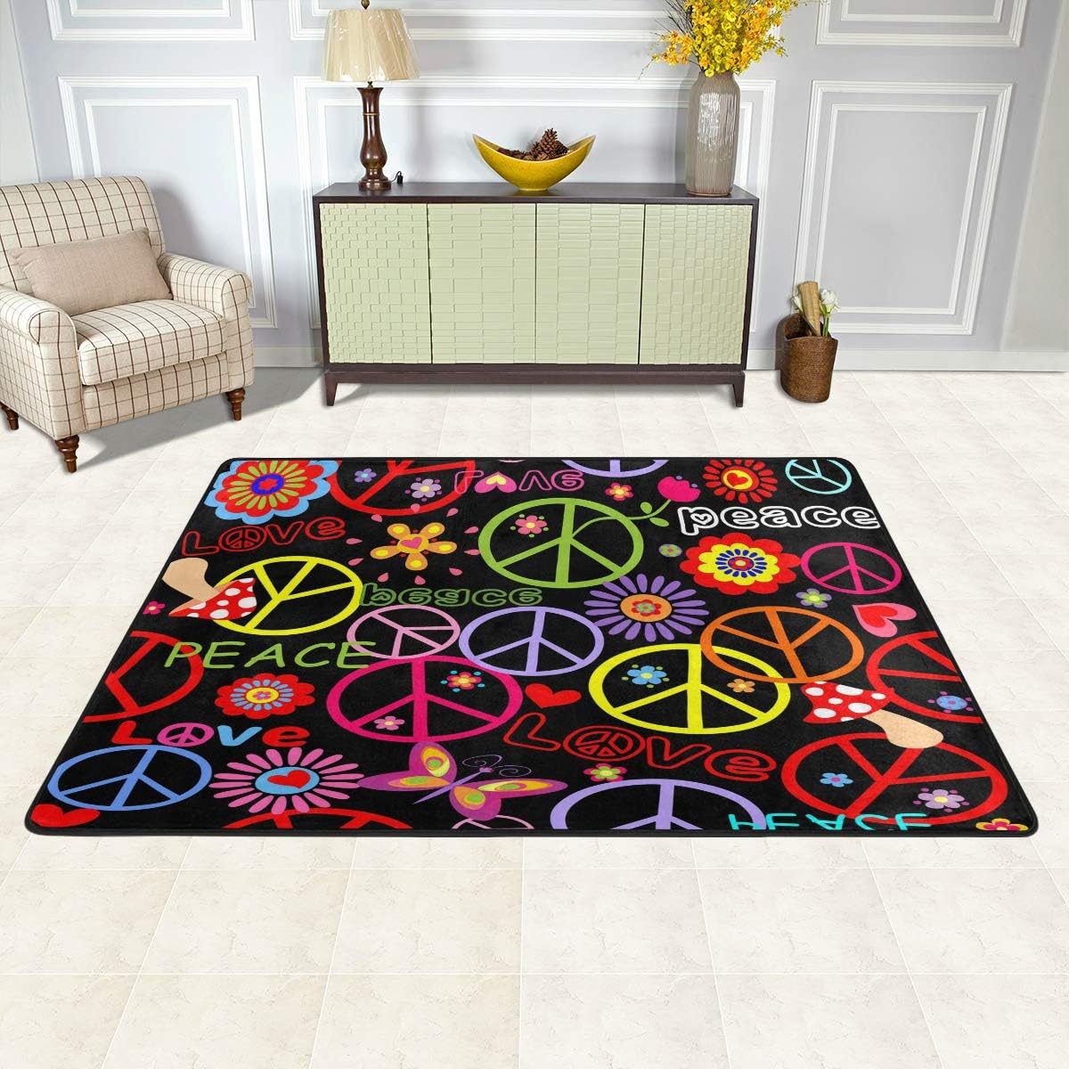 714KqFx9LkL._AC_SL1200_.jpg ALAZA Hippie Peace Sign Mushroom Butterfly Flower Area Rug for Living Room Bedroom 6'x4' - Image 4
